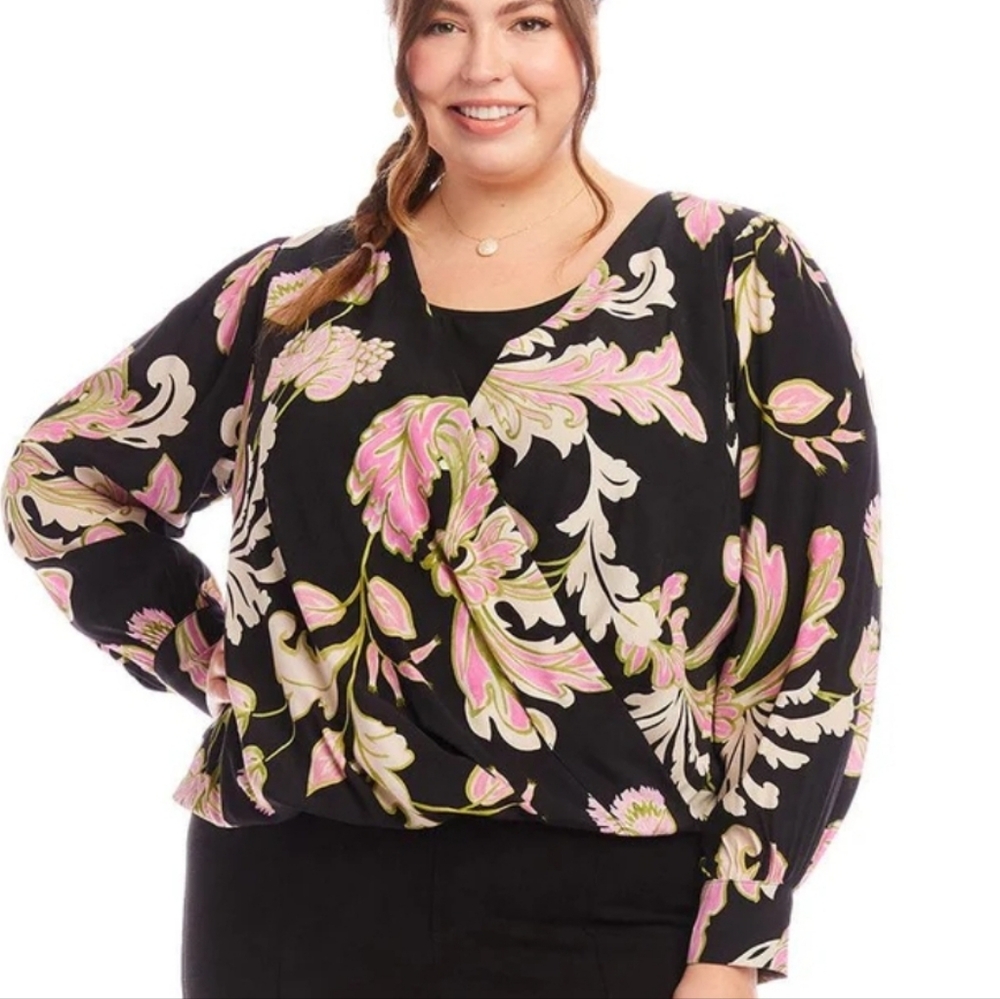 NWT Karen Kane Plus Size‎ Drape Front Top: Black W/pink/white Floral: Size- 3X